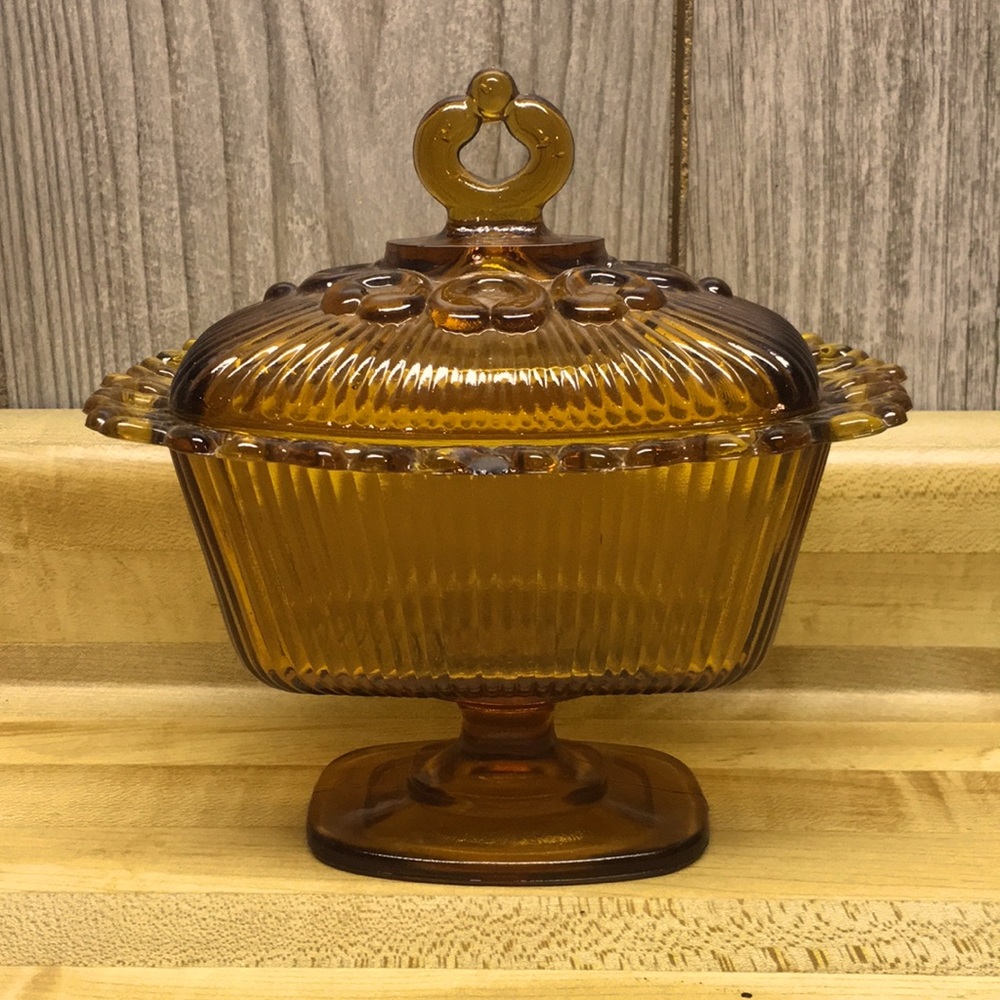 VINTAGE Amber Rectangular Pedestal Butter Dish